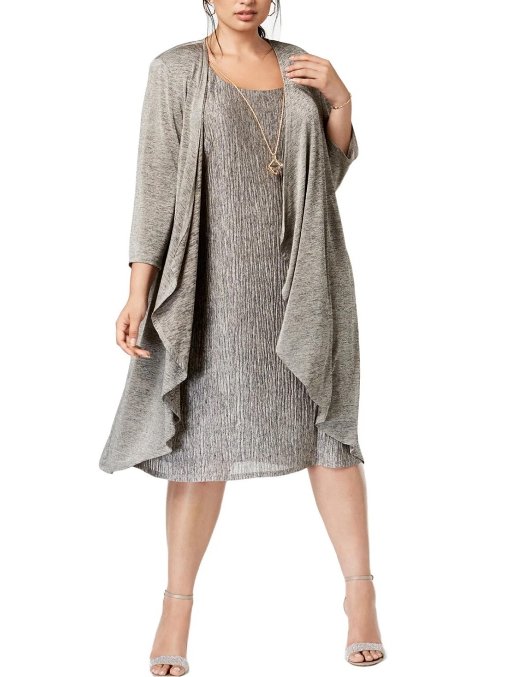 R&M Richards Metallic Taupe Two-Piece Dress & Longline Cascading Cardigan 20W